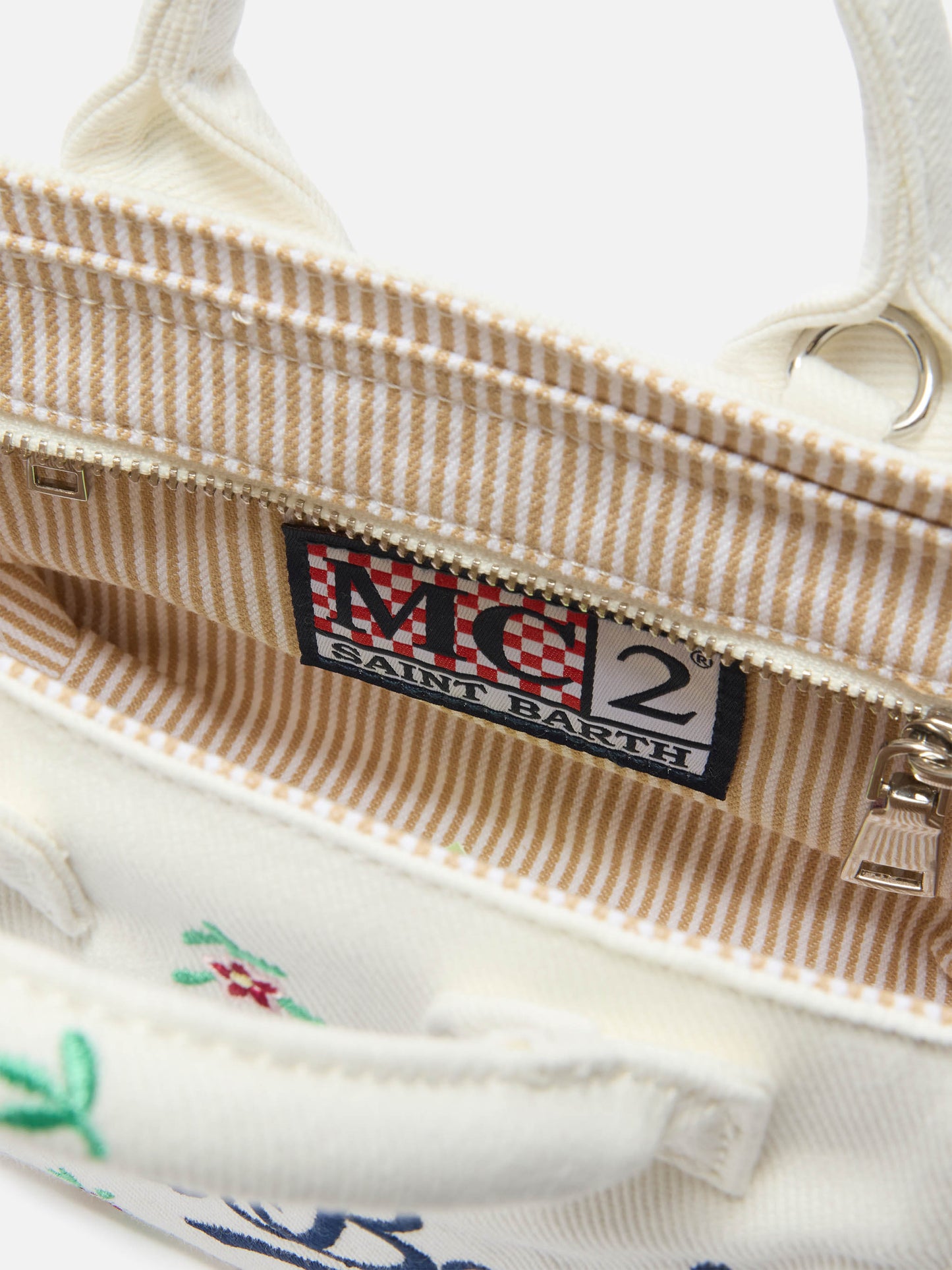 White denim Vanity mini volant bag with embroidered flowers