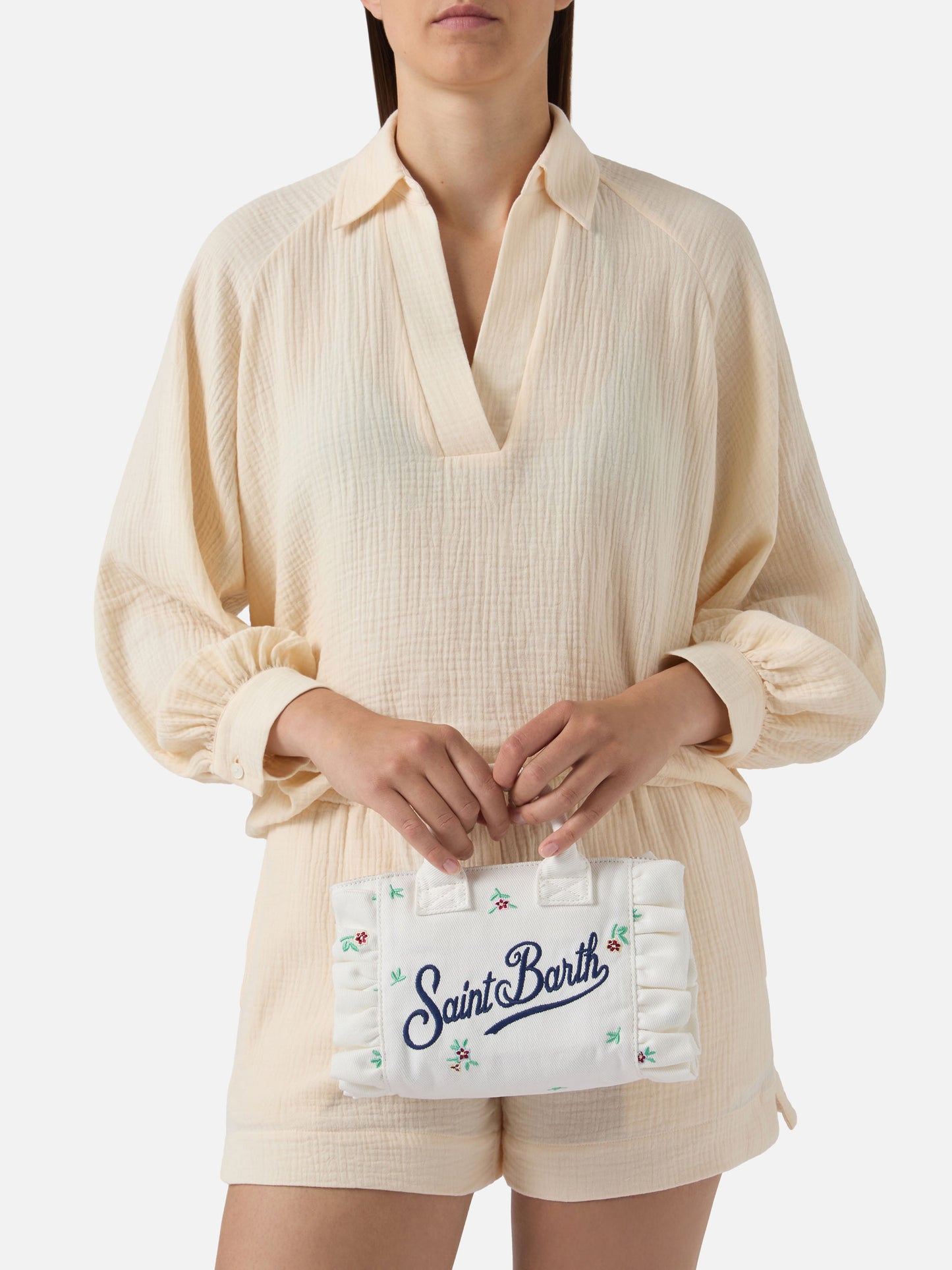 White denim Vanity mini volant bag with embroidered flowers