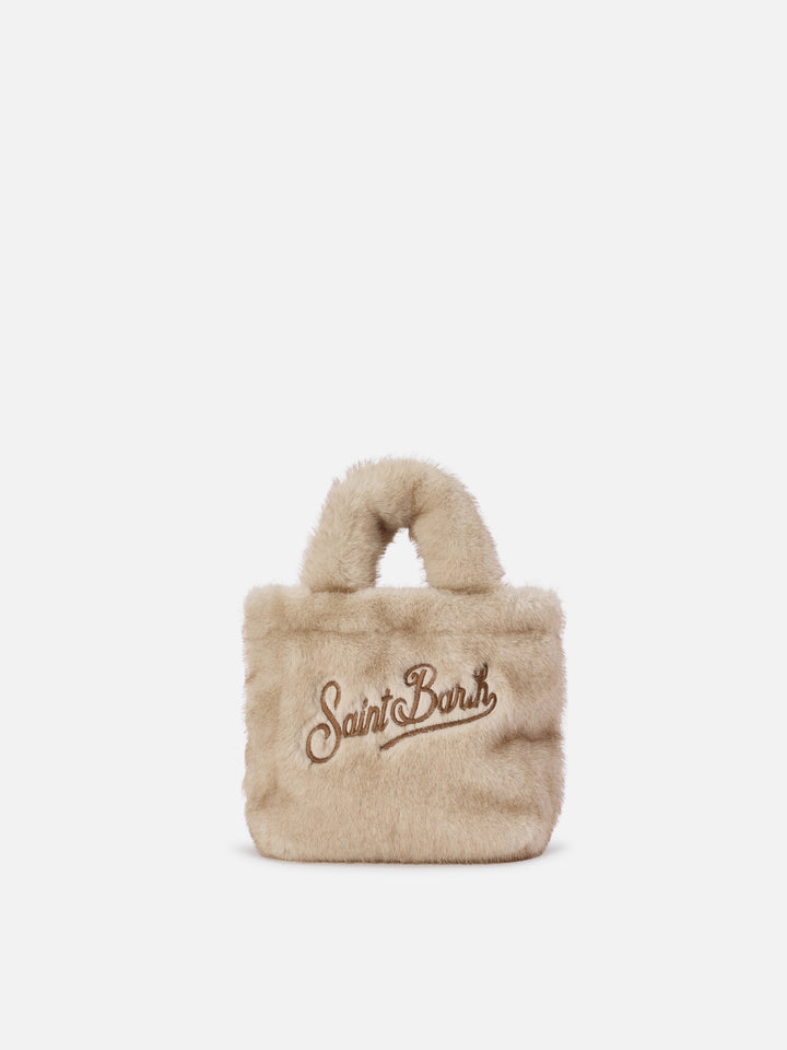 Beige Mini Vanity Soft bag in faux fur with logo embroidery