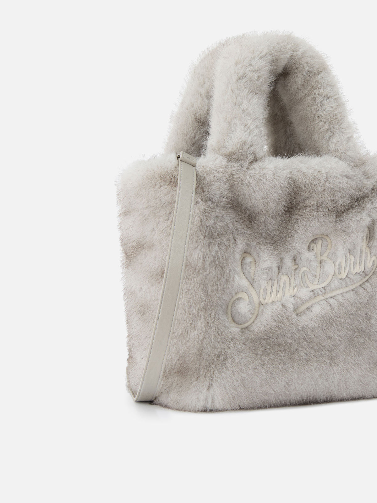 Borsa Mini Vanity Soft grigia in effetto pelliccia con ricamo logo