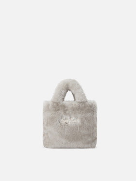 Borsa Mini Vanity Soft grigia in effetto pelliccia con ricamo logo