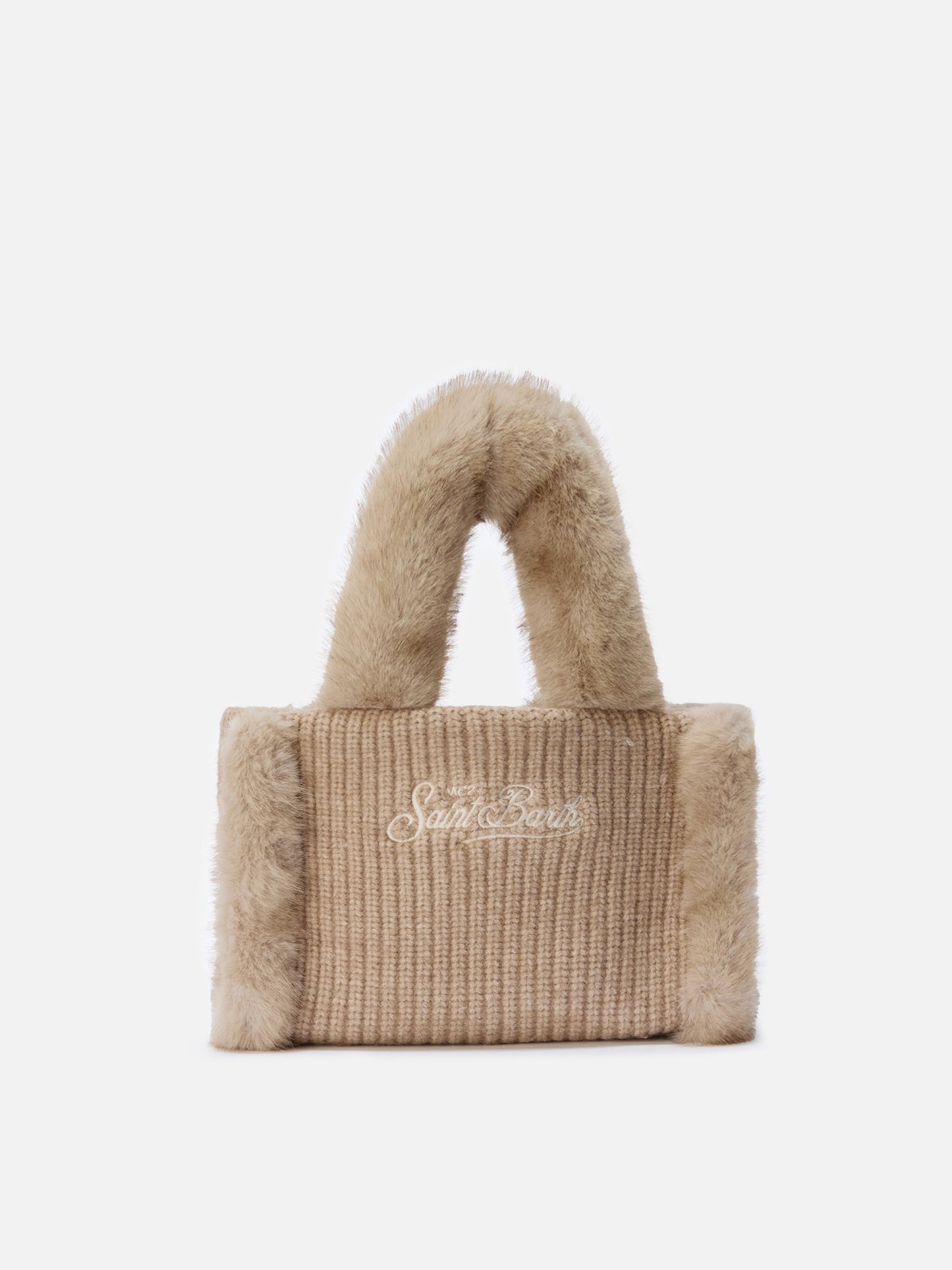 Vanity Mini Shearling Rib Handbag in beige ribbed wool blend with shearling