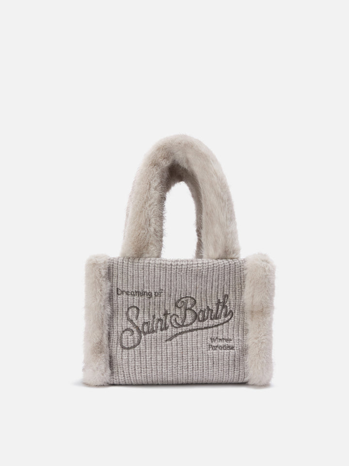 Grey Mini Vanity bag in ribbed faux shearling with faux fur handles