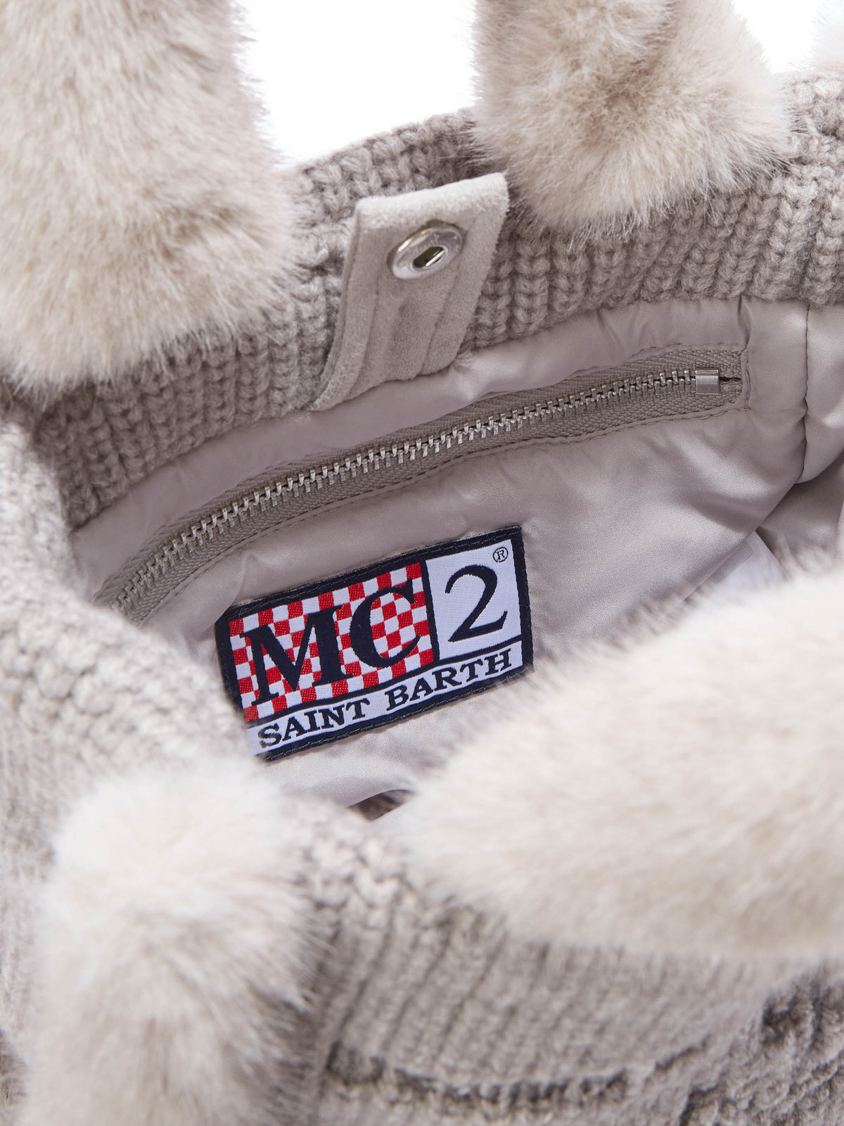 Grey Mini Vanity bag in ribbed faux shearling with faux fur handles
