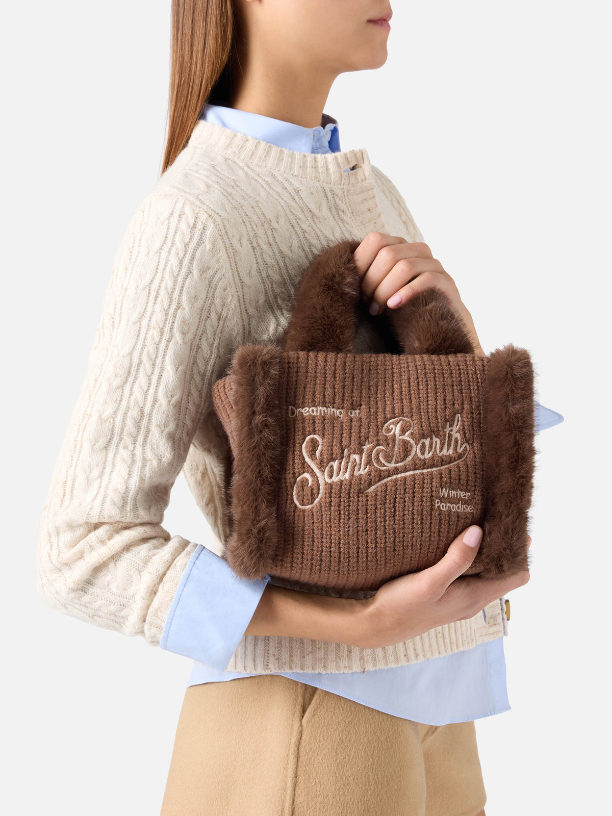 Borsa Mini Vanity marrone effetto montone a costine con manici effetto pelliccia