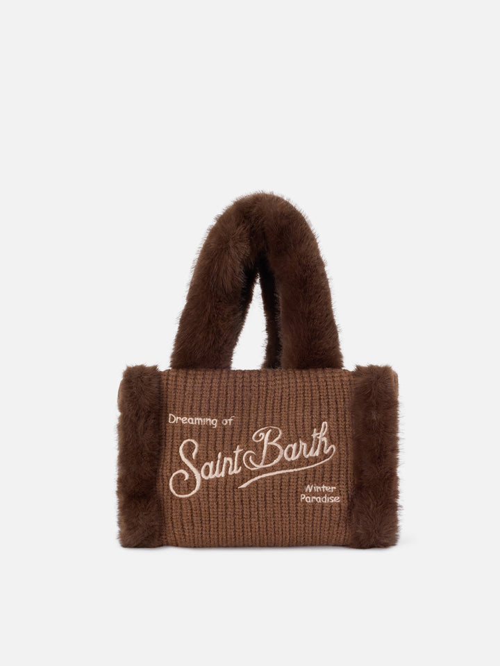 Brown Mini Vanity bag in ribbed faux shearling with faux fur handles