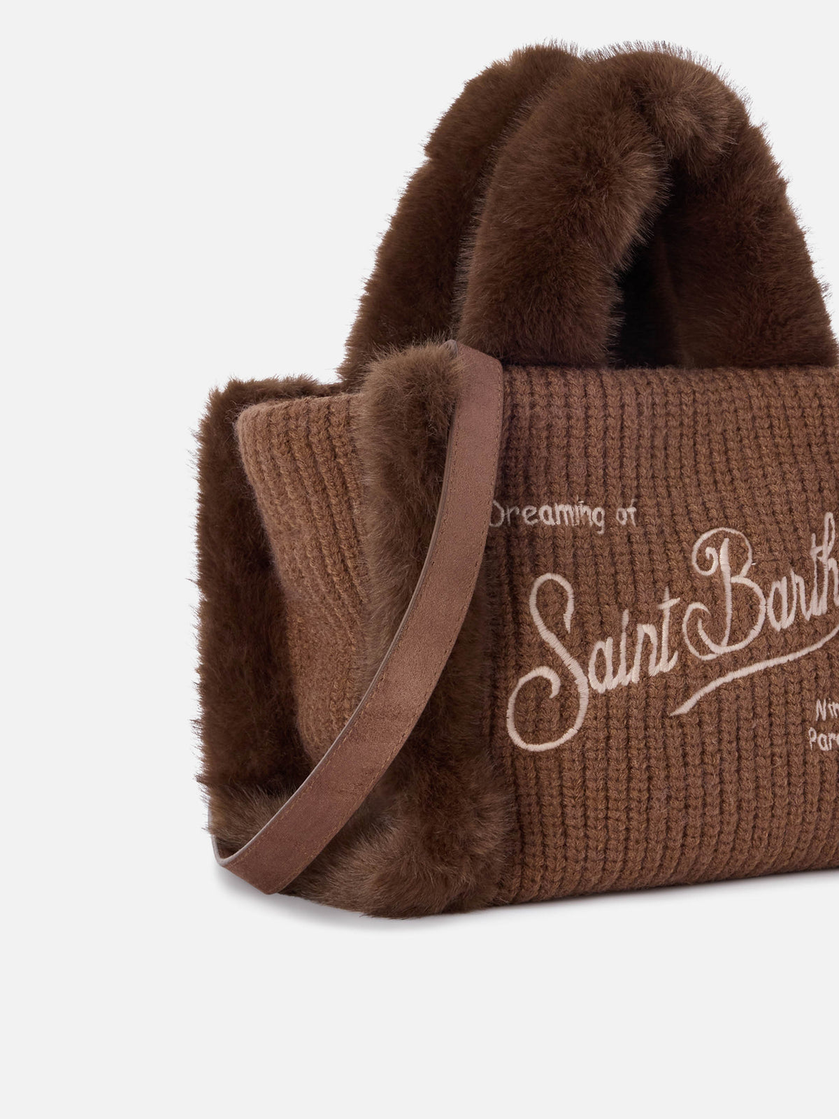 Borsa Mini Vanity marrone effetto montone a costine con manici effetto pelliccia