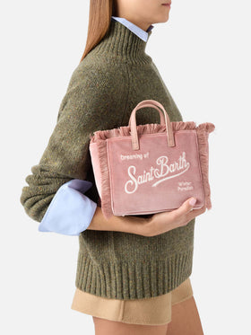 Mini Vanity bag rosa en terciopelo con bordado del logo 