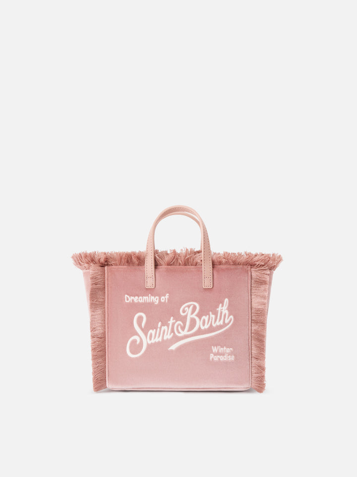Mini Vanity bag rosa en terciopelo con bordado del logo 