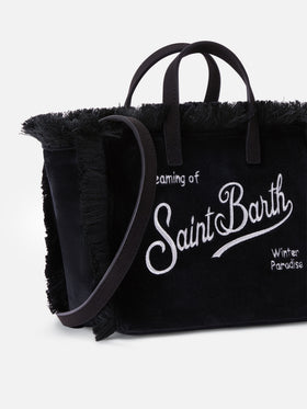 Schwarze Mini-Vanity-Bag aus Samt mit Logostickerei 