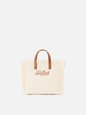 Bolso Mini Vanity de pana color off white con bordado del logo 