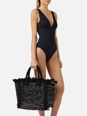 Borsa Vanity regular in canvas animalier con strass