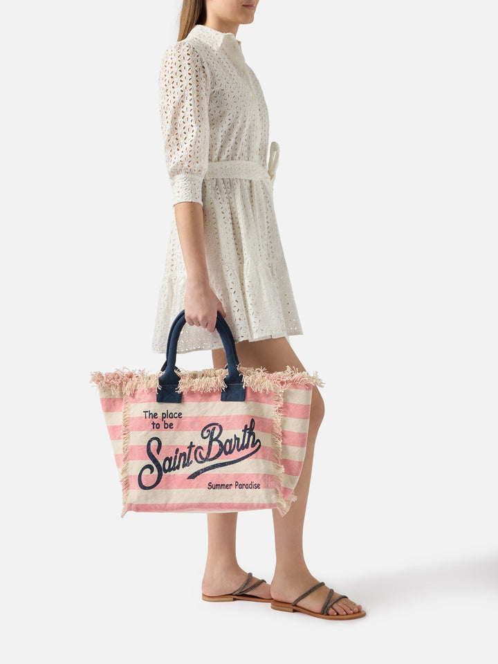 Borsa Vanity regular in canvas a righe orizzontali rosa