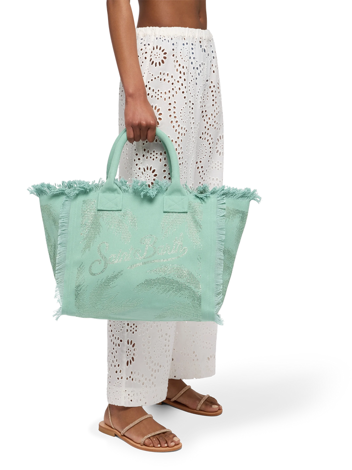 Borsa a spalla Vanity in canvas di cotone verde salvia con decorazioni in strass a forma di palma