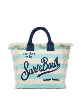 Cotton canvas Vanity tote bag with water green striped print - MC2 Saint Barth