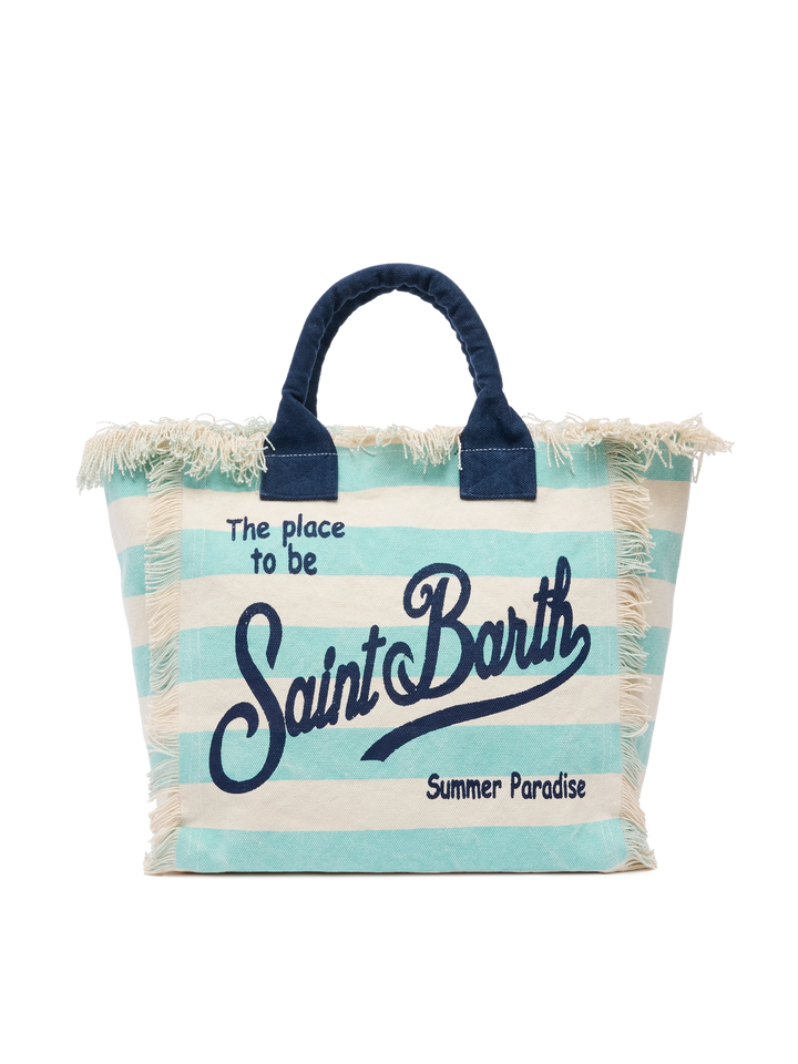 Cotton canvas Vanity tote bag with water green striped print - MC2 Saint Barth