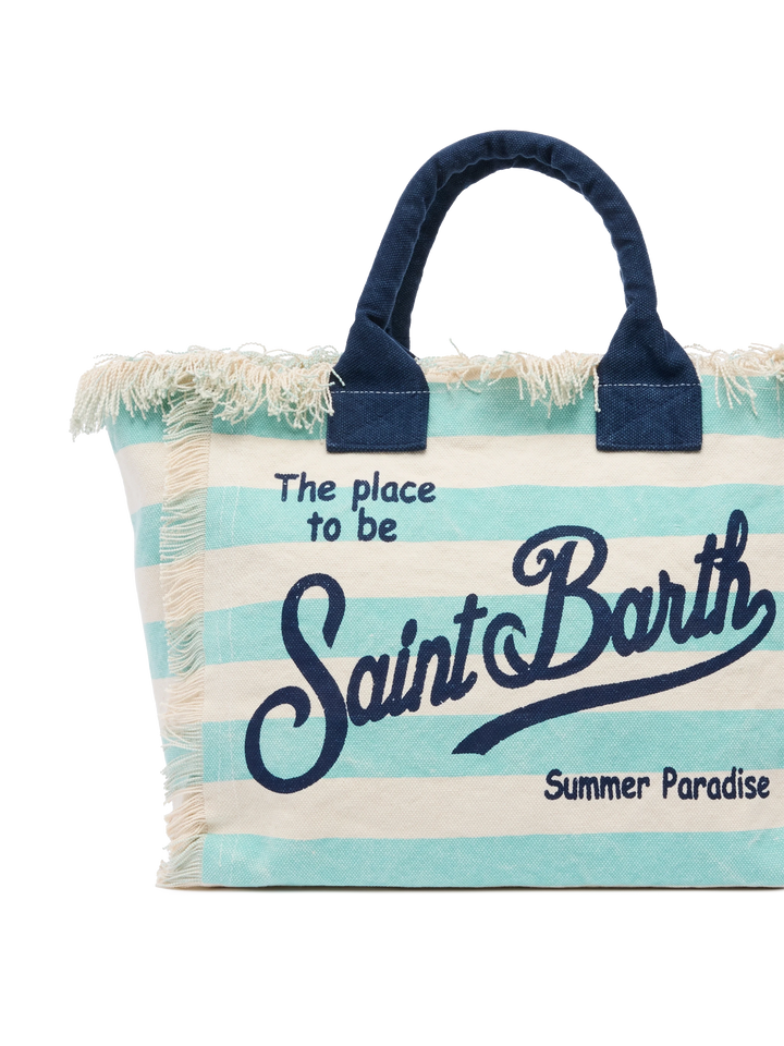 Cotton canvas Vanity tote bag with water green striped print - MC2 Saint Barth