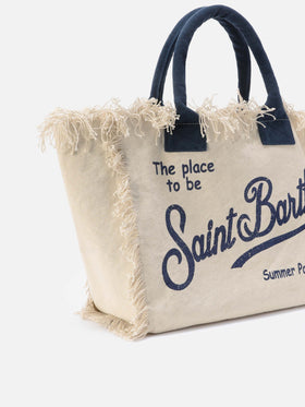 White canvas Vanity regular bag with fringes