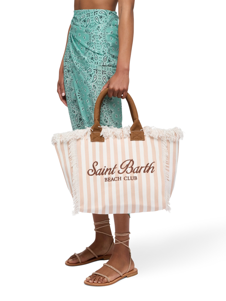 Borsa a spalla Vanity in canvas di cotone con stampa a righe beige