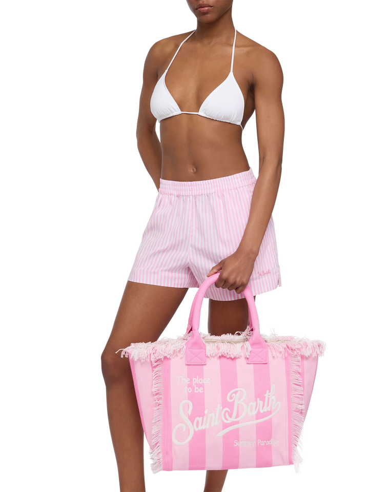 Borsa a spalla Vanity in canvas di cotone con stampa a righe rosa