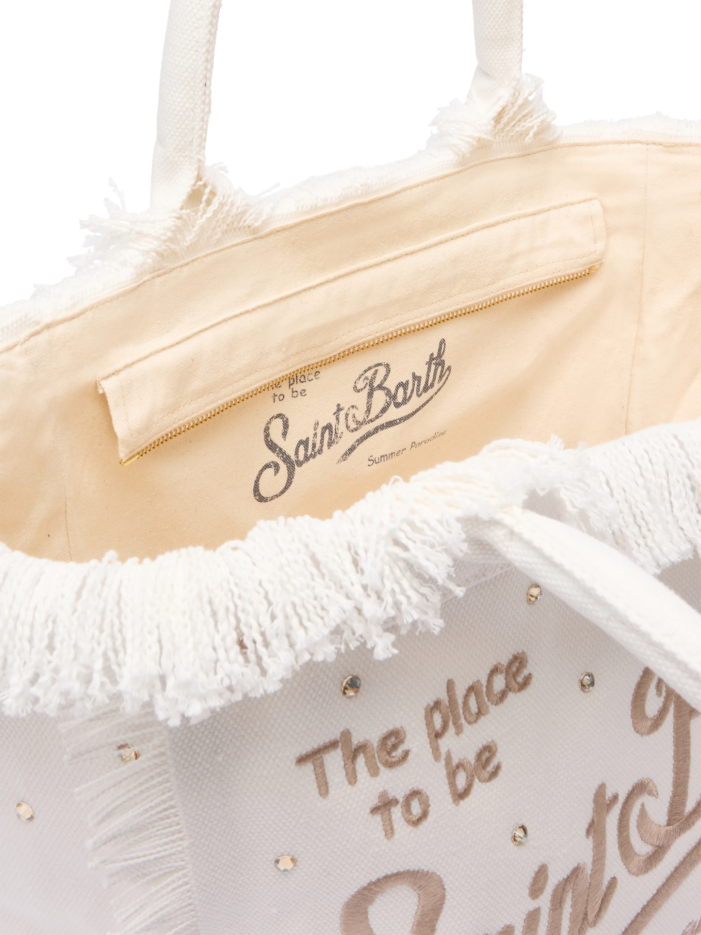 Cremefarbene Vanity-Einkaufstasche aus Baumwollcanvas mit Nietenverzierung