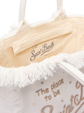 Cremefarbene Vanity-Einkaufstasche aus Baumwollcanvas mit Nietenverzierung