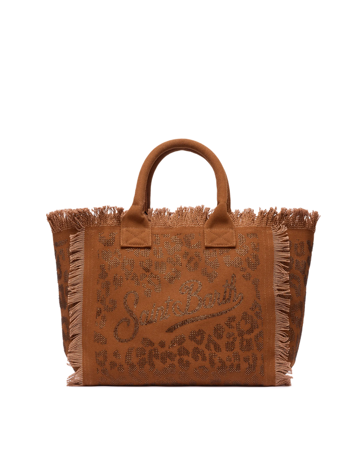 Borsa a spalla Vanity in canvas di cotone marrone con decorazioni in strass leopardate