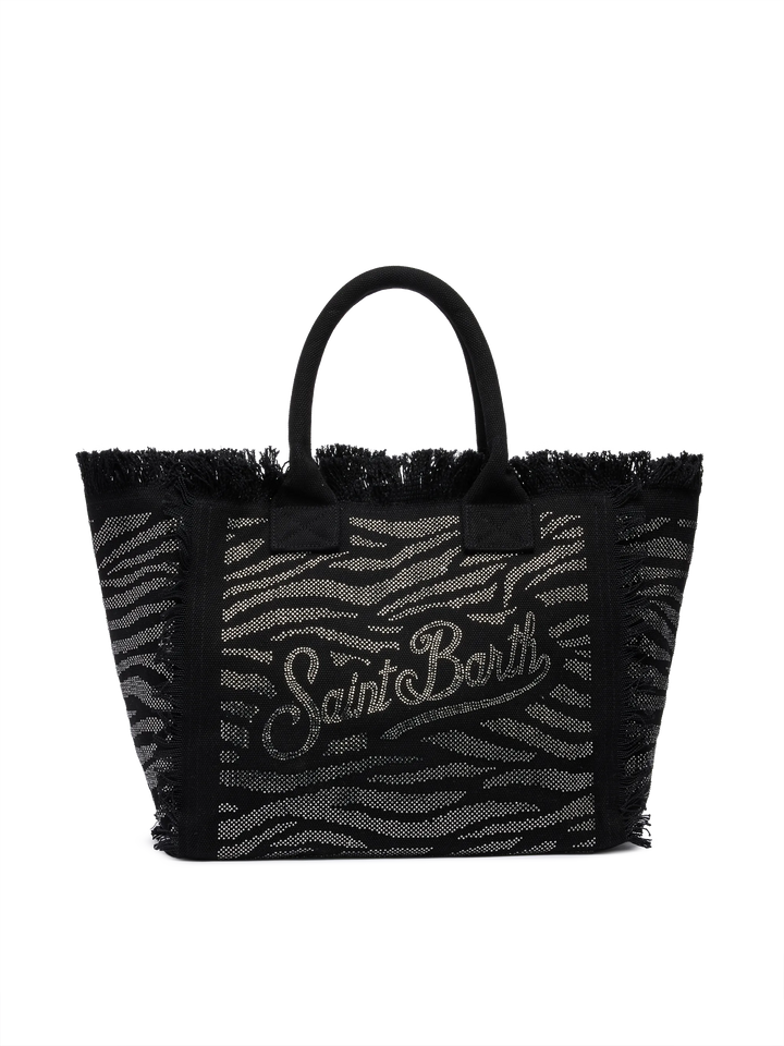 Black cotton canvas Vanity tote bag with zebra rhinestone embellishment - MC2 Saint Barth