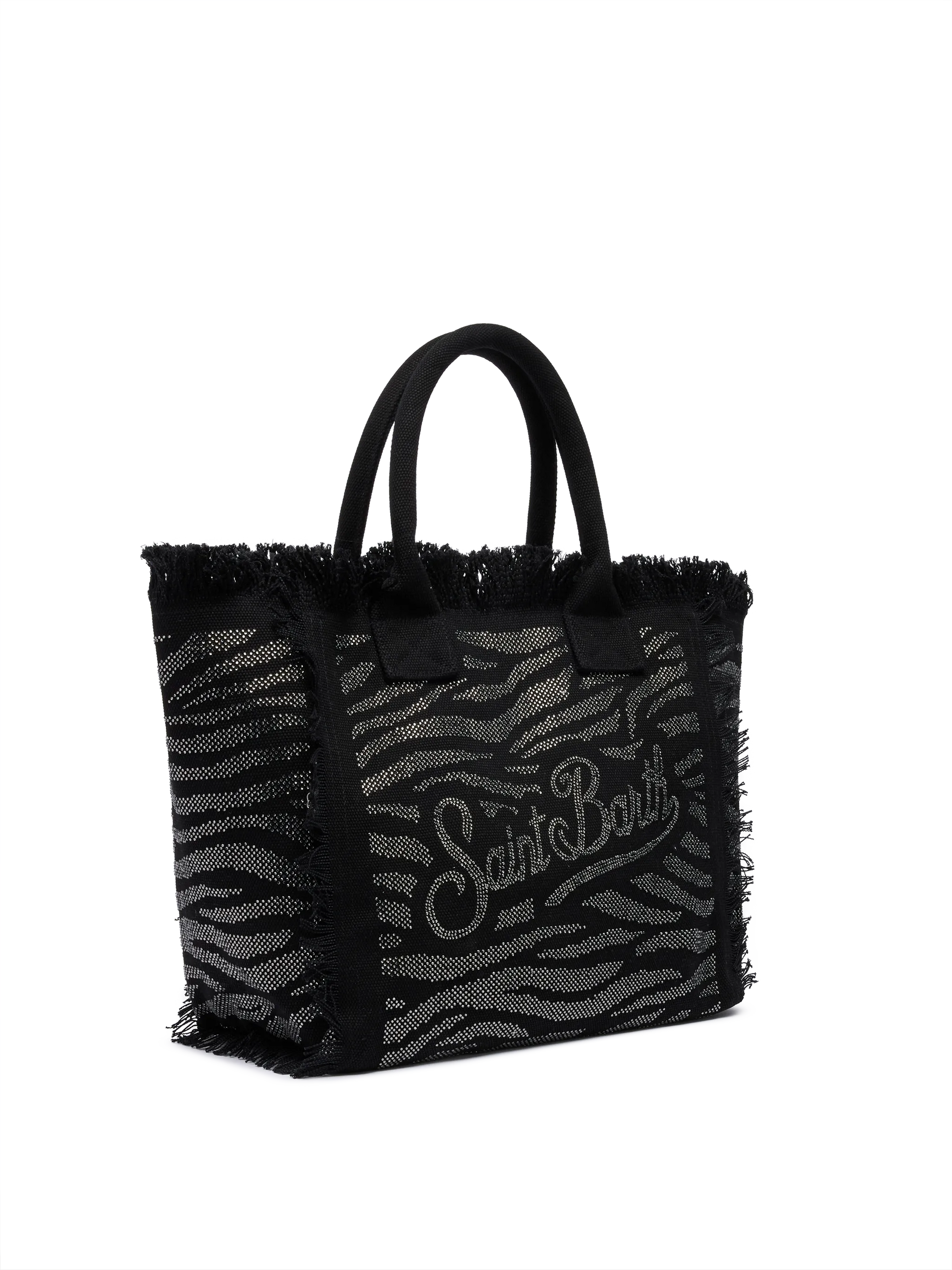 Black cotton canvas Vanity tote bag with zebra rhinestone embellishment - MC2 Saint Barth