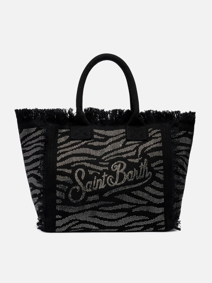 Borsa a spalla Vanity in canvas di cotone nero con decorazioni in strass zebrati