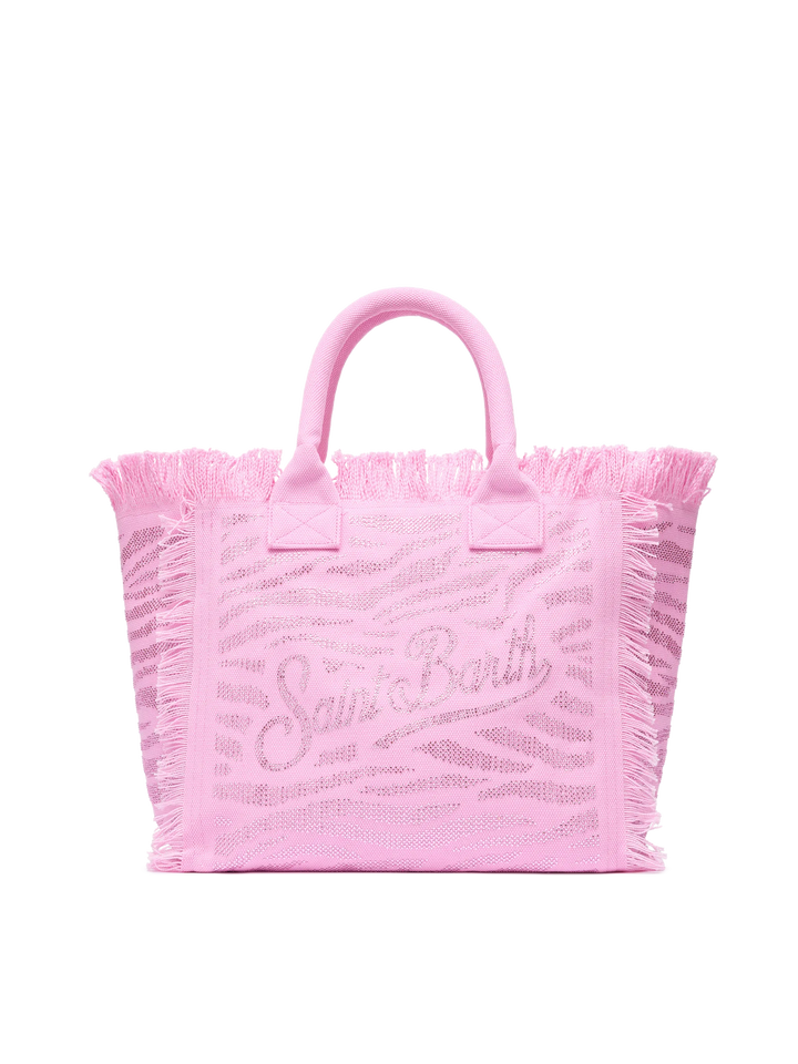 Borsa a spalla Vanity in canvas di cotone rosa con decorazioni in strass zebrati