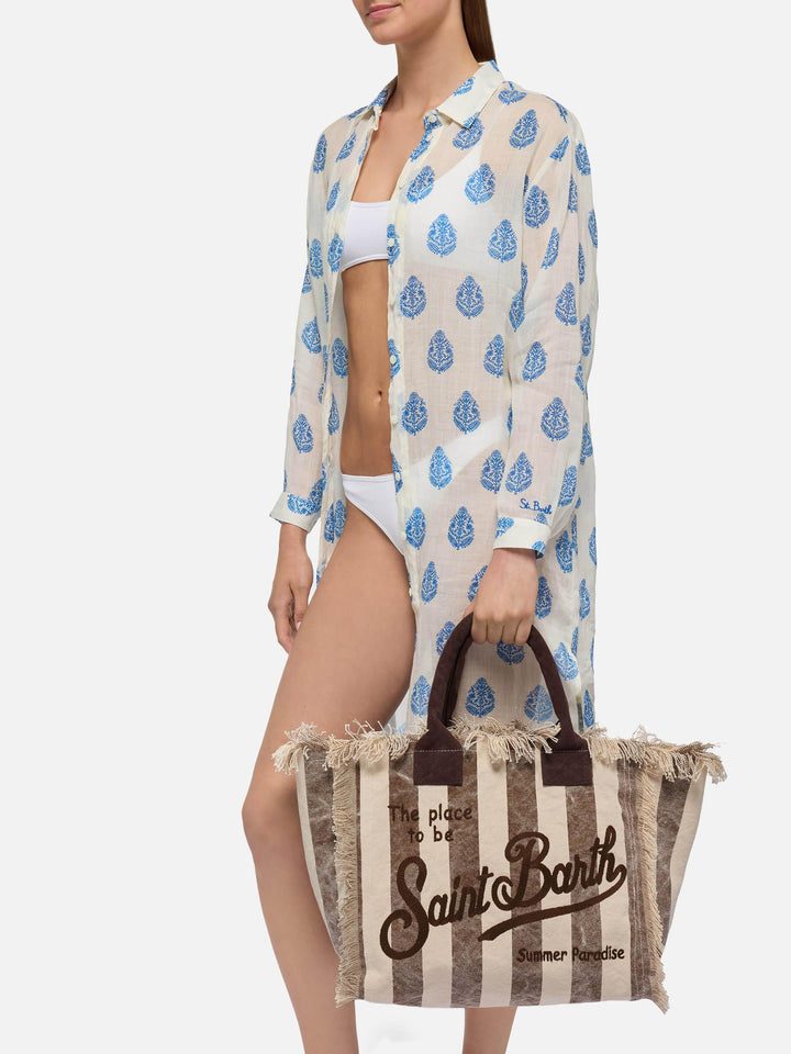 Borsa a spalla Vanity in canvas di cotone con stampa a righe marroni
