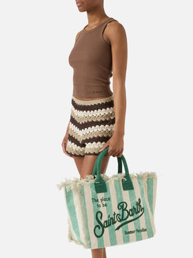 Light green canvas Vanity regular bag with vertical stripes