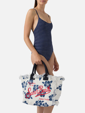 White canvas Vanity regular bag with hibiscus print