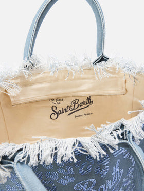 Borsa Vanity regular in canvas blu leopardato con strass