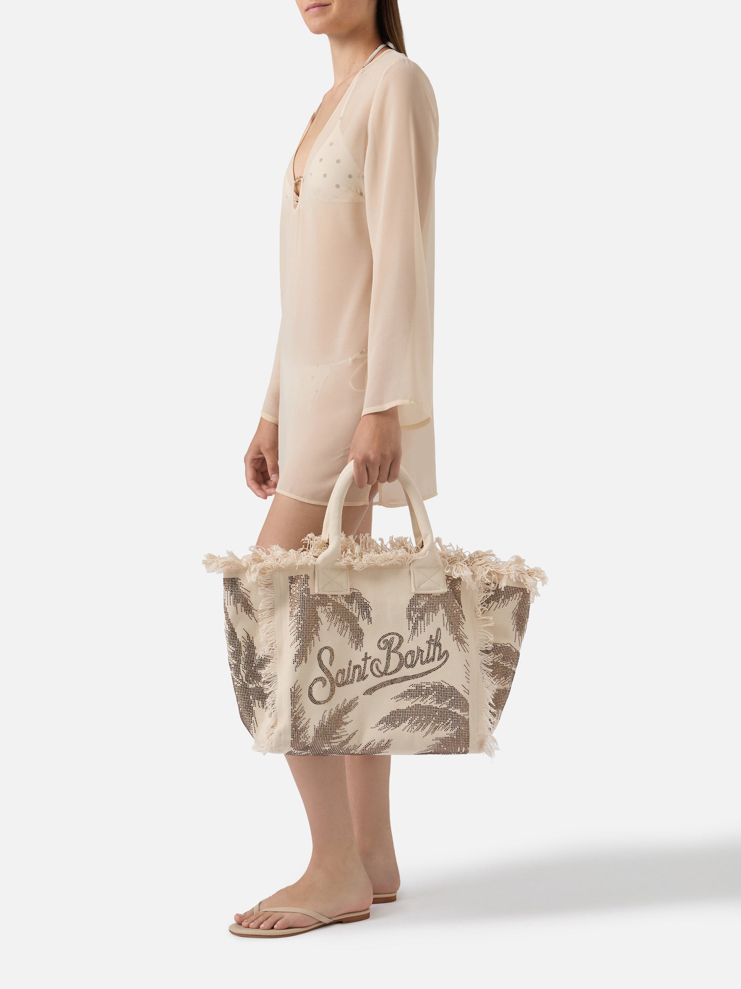Canvas Vanity regular bag with palm print with rhinestones