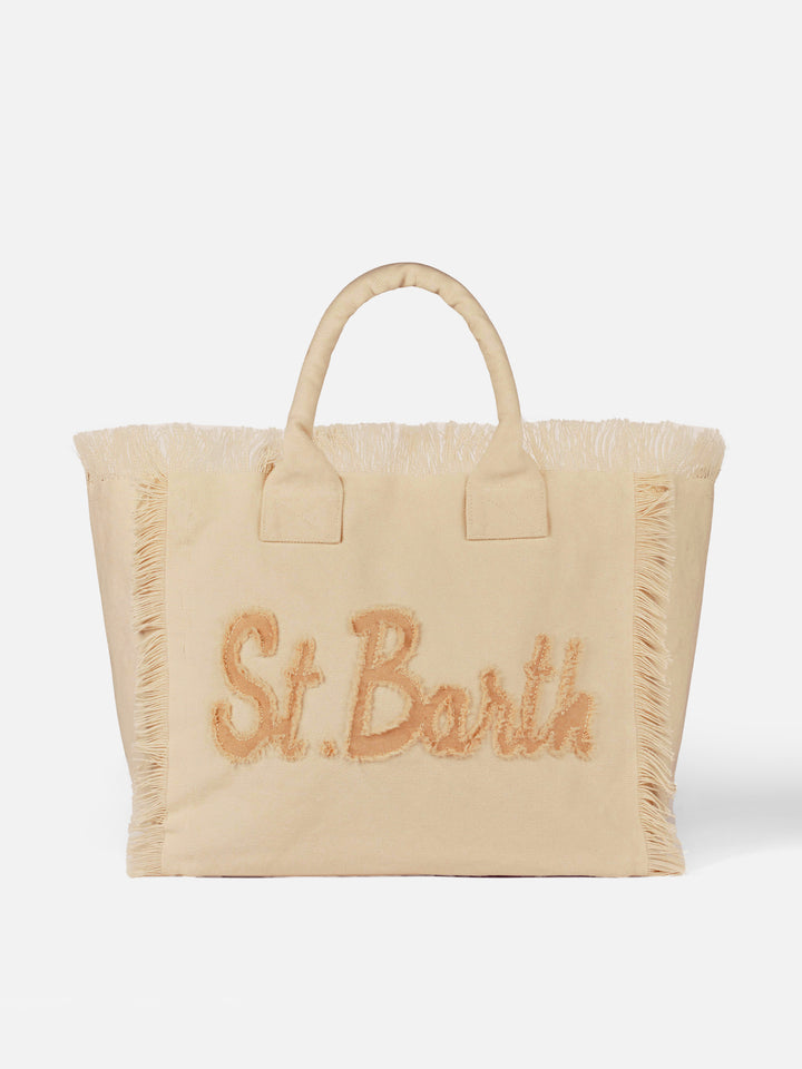 Beige cotton canvas Vanity tote bag with St. Barth patch logo