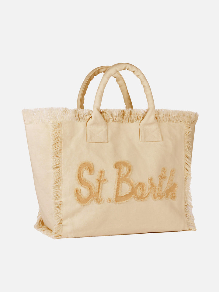 Beige cotton canvas Vanity tote bag with St. Barth patch logo