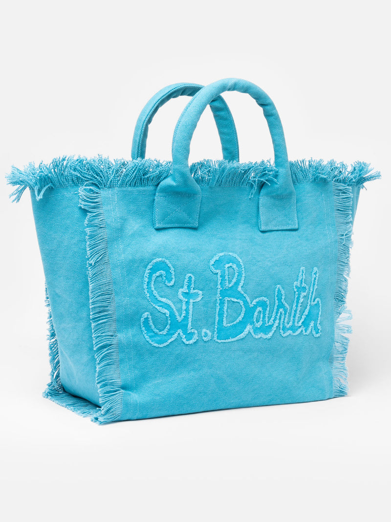 Borsa tote Vanity in tela di cotone azzurro con toppa con logo