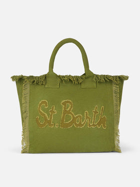 Military green cotton canvas Vanity tote bag with logo patch