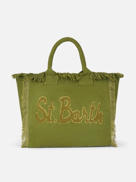 Military green cotton canvas Vanity tote bag with logo patch