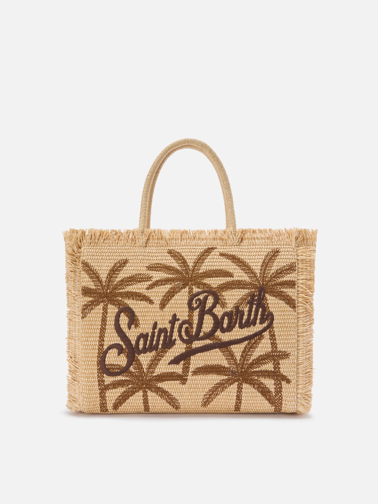 Regular Vanity straw effect bag with palm embroidery