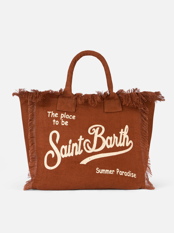 Borsa tote in lino Vanity marrone con logo Saint Barth