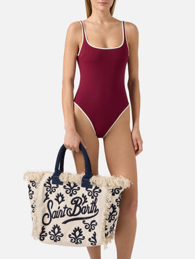 Canvas Vanity regular bag with blue lily tufting embroidery