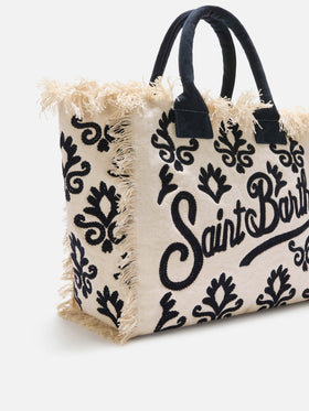 Canvas Vanity regular bag with blue lily tufting embroidery