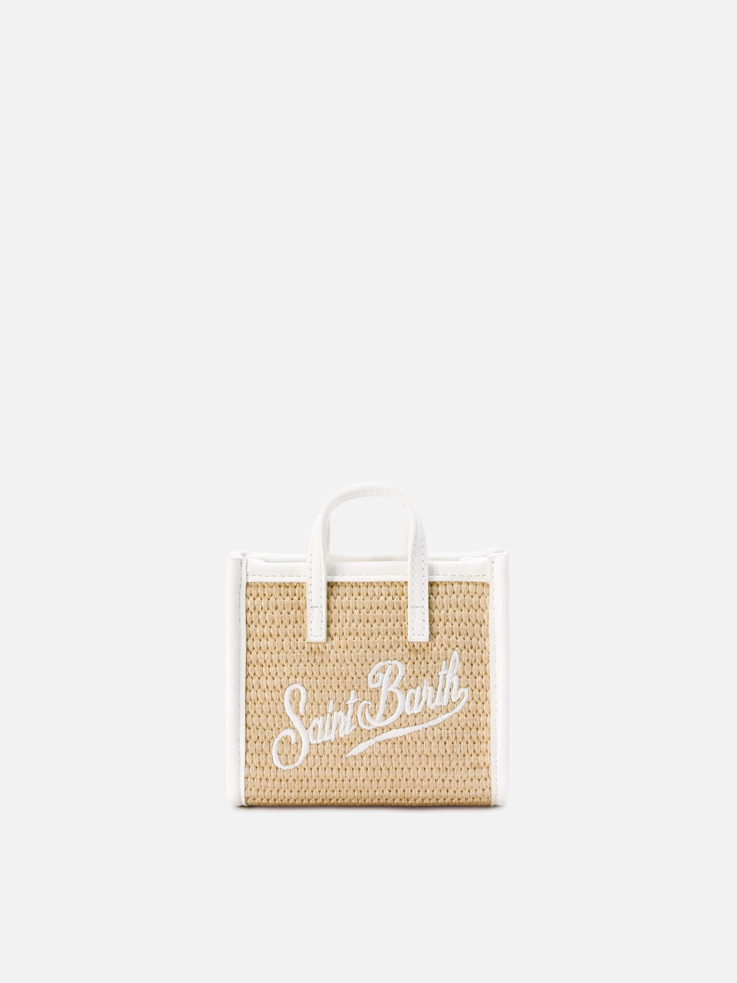 Vivian micro straw effect bag with white embroidered logo