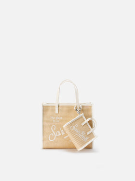 Vivian micro straw effect bag with white embroidered logo