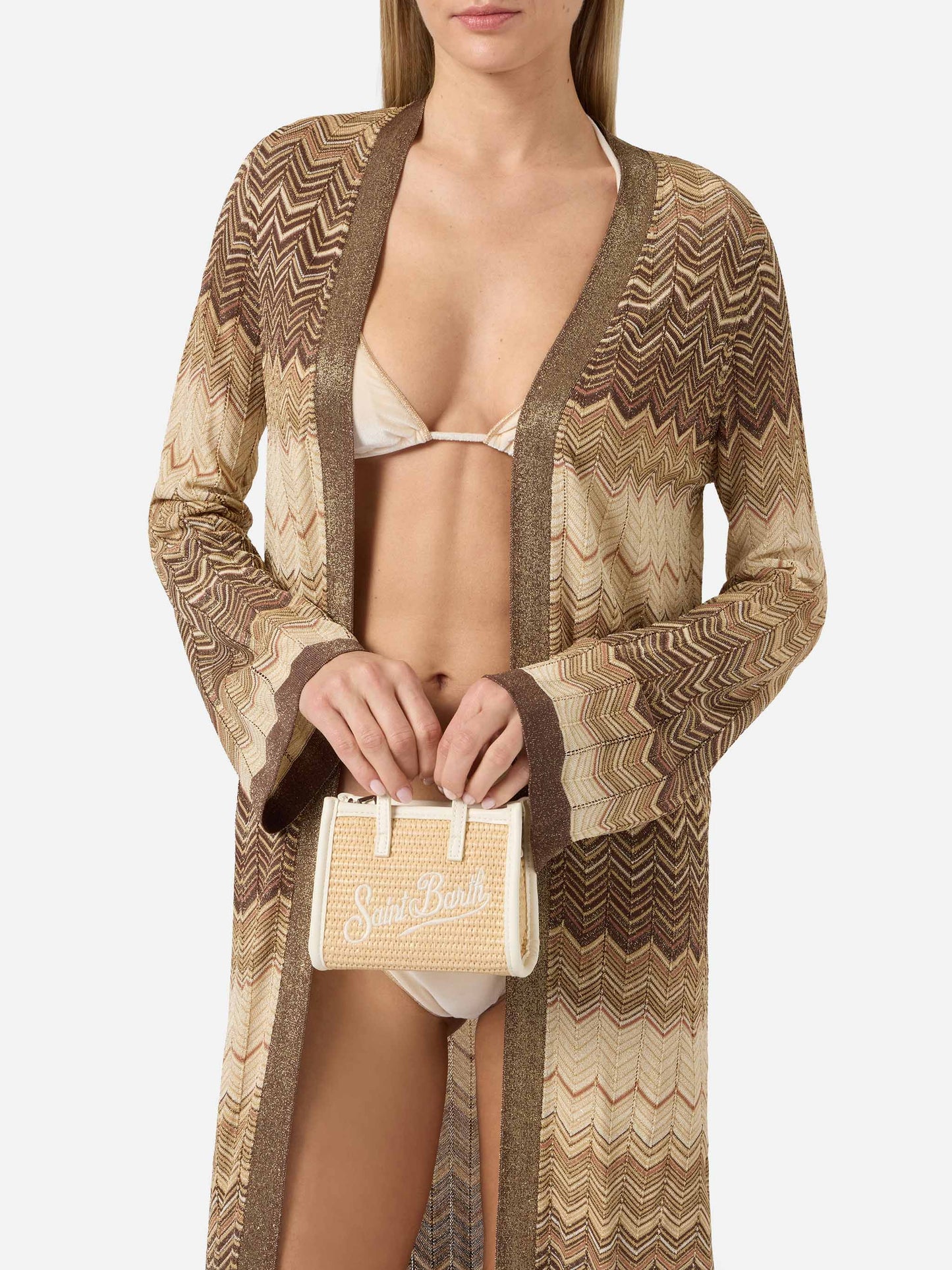 Vivian micro straw effect bag with white embroidered logo