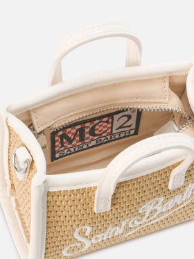 Vivian micro straw effect bag with white embroidered logo