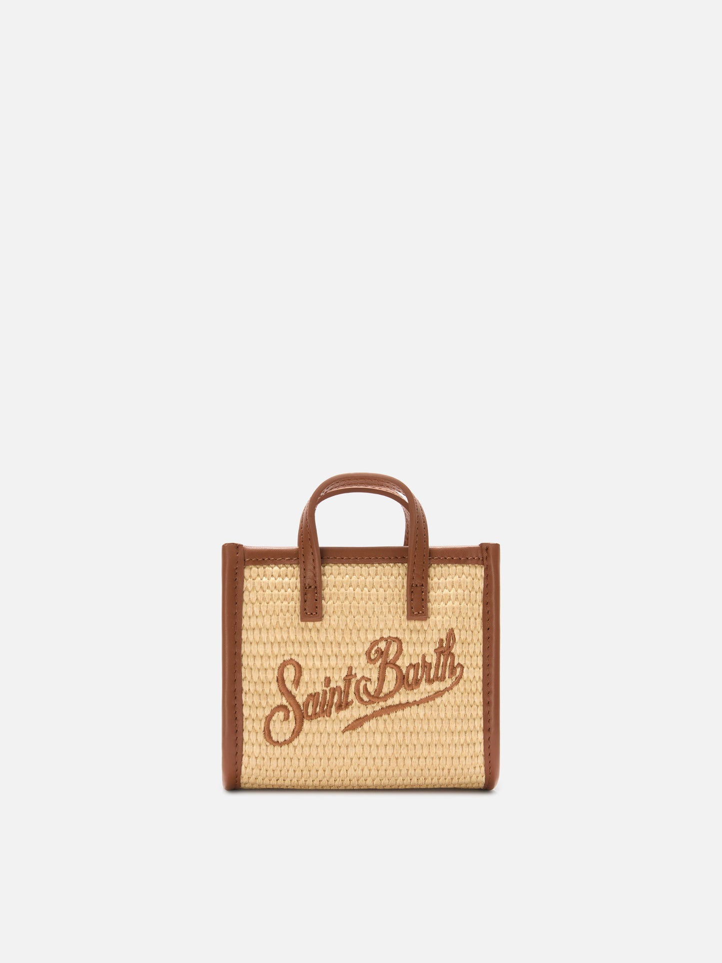 Vivian micro raffia effect bag with brown embroidered logo